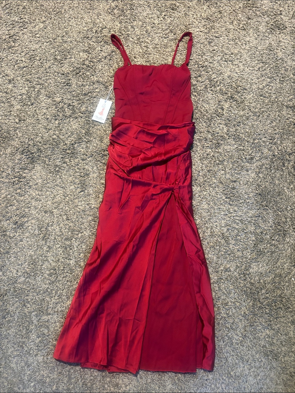 Fashion Brand Company Red Satin Maxi Dress with Spaghetti Straps